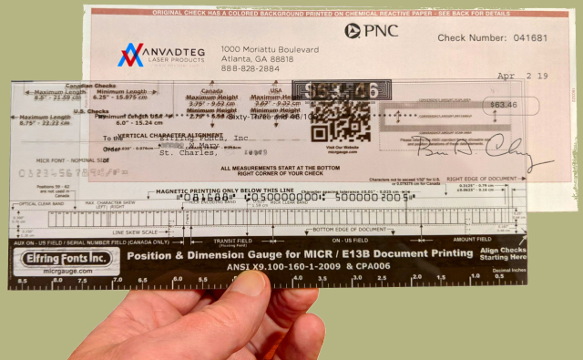 MICR check position gauge